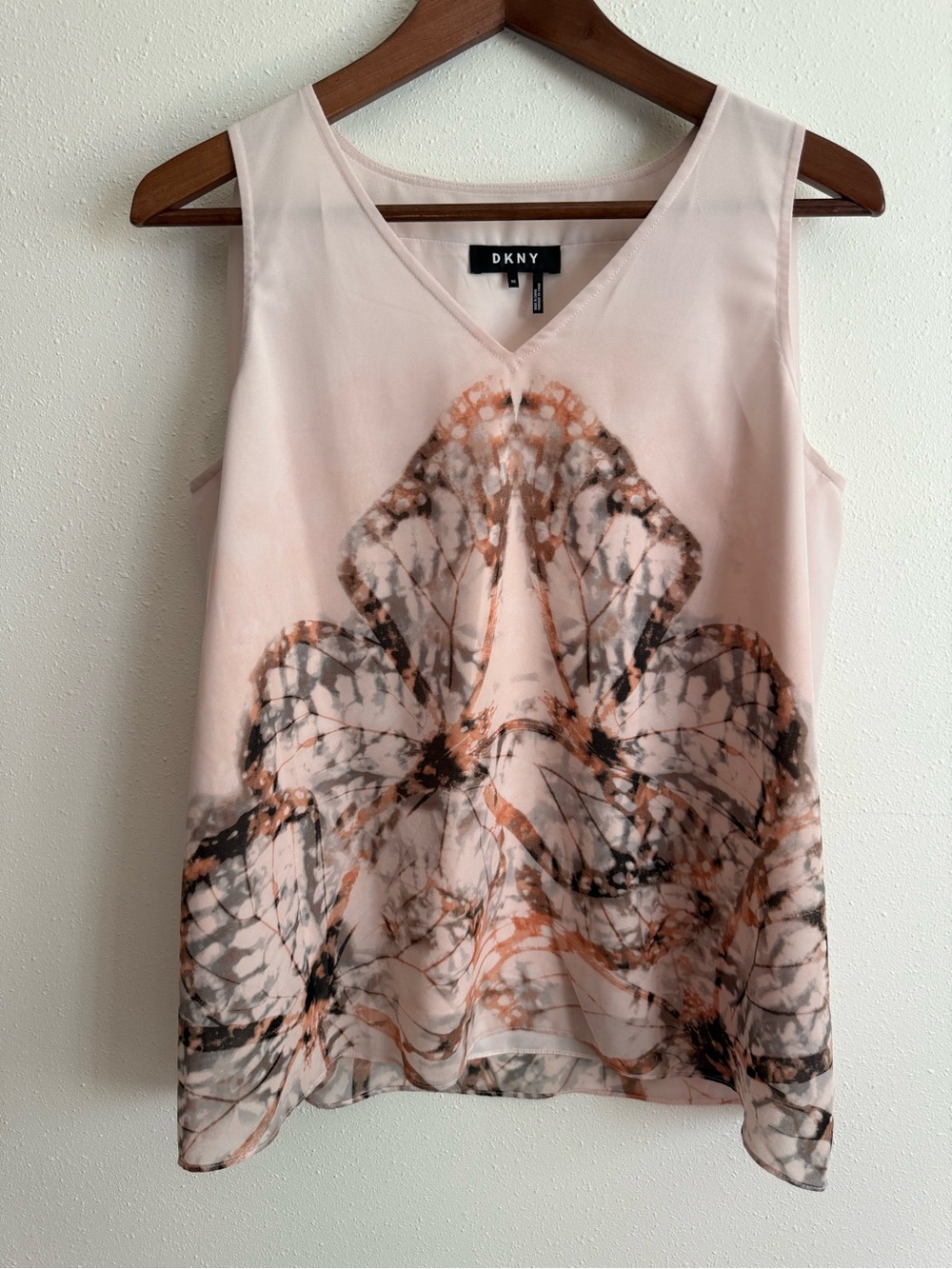 DKNY Butterfly Print Sleeveless Blouse Pink Chiffon Layered Tank Career Size XS